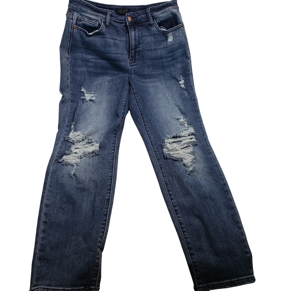 Judy Blue Boyfriend Fit Jeans Women 11/30 Blue Distressed High Rise JB82332DK-CO